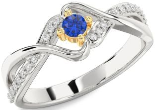 Diamond Blue Sapphire White Yellow Gold Round Promise Ring