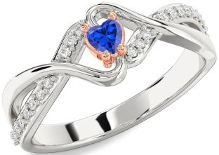 Diamond Blue Sapphire Platinum & Rose Gold Heart Promise Ring