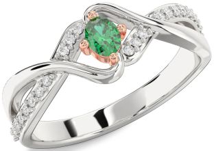 Diamond Emerald Silver & 10K Rose Gold Oval Promise Ring