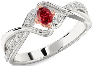 Diamond Ruby Silver & 10K Rose Gold Oval Promise Ring