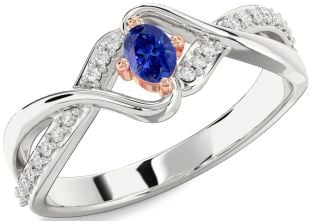 Diamond Blue Sapphire Silver & 10K Rose Gold Oval Promise Ring