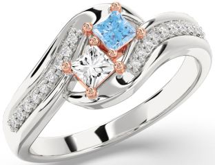 Diamond Silver & 10K Rose Gold Princess Two Stone Promise Ring