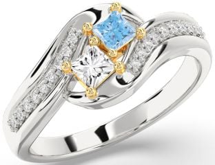 Diamond Silver & 10K gold Princess Two Stone Promise Ring