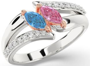 Diamond Silver & 10K Rose Gold Marquise Two Stone Promise Ring