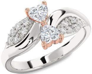 Diamond Silver & 10K Rose Gold Two Heart Ring