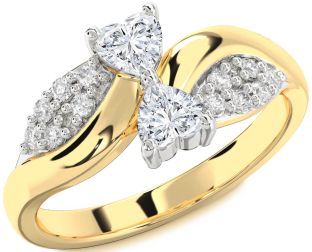 Diamond White Yellow Gold Two Heart Ring
