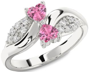 Diamond Pink Sapphire Silver Two Heart Ring