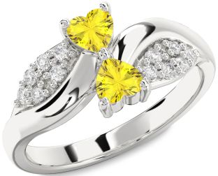 Diamond Yellow Sapphire Silver Two Heart Ring