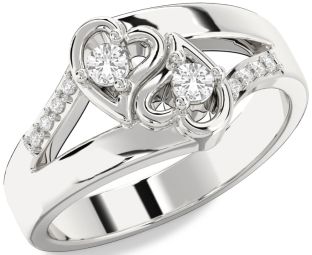 Diamond White Sapphire Silver Heart Two Stone Ring