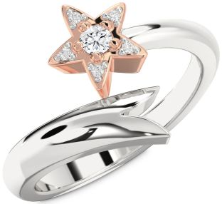 Diamond Silver & 10K Rose Gold Star Round Promise Ring