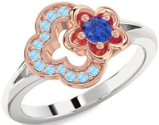 Blue Sapphire & Aquamarine Platinum & Rose Gold Flower Round Promise Ring