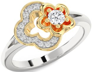 Diamond Silver & 10K gold Flower Round Ring