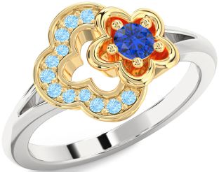 Blue Sapphire & Aquamarine Platinum & Yellow Gold Flower Round Promise Ring
