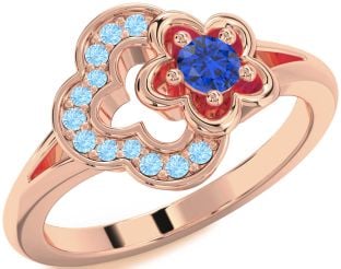 Blue Sapphire & Aquamarine Rose Gold Flower Round Promise Ring