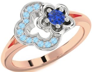 Blue Sapphire & Aquamarine Platinum & Rose Gold Flower Round Promise Ring