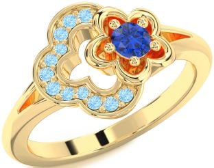 Blue Sapphire & Aquamarine Gold Flower Round Promise Ring