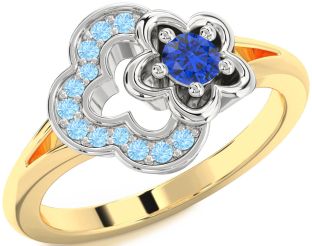 Blue Sapphire & Aquamarine Platinum & Yellow Gold Flower Round Promise Ring