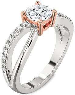 Diamond Silver & 10K Rose Gold Round Solitaire Engagement Ring