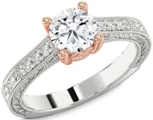 Diamond Silver & 10K Rose Gold Round Vintage Engagement Ring