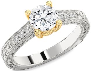 Diamond Silver & 10K gold Round Vintage Engagement Ring