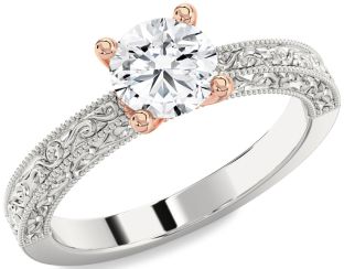 Diamond Silver & 10K Rose Gold Round Vintage Engagement Ring