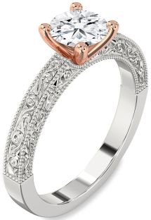 Diamond Silver & 10K Rose Gold Round Vintage Engagement Ring