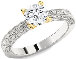 Diamond Silver & 10K gold Round Vintage Engagement Ring