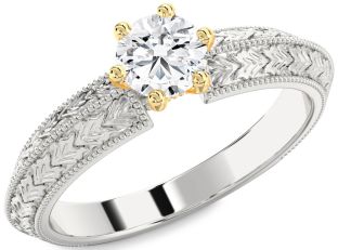 Diamond Silver & 10K gold Round Vintage Engagement Ring