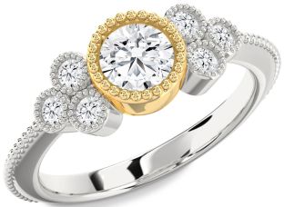 Diamond Silver & 10K gold Round Vintage Engagement Ring