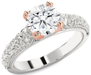 Diamond Silver & 10K Rose Gold Round Vintage Engagement Ring