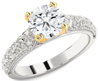 Diamond Silver & 10K gold Round Vintage Engagement Ring