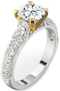 Diamond Silver & 10K gold Round Vintage Engagement Ring