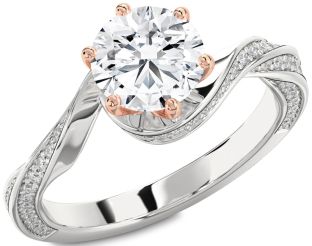 Diamond Silver & 10K Rose Gold Round Solitaire Engagement Ring