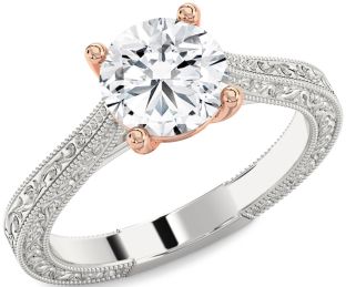 Diamond Silver & 10K Rose Gold Round Vintage Engagement Ring