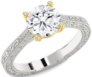 Diamond Silver & 10K gold Round Vintage Engagement Ring