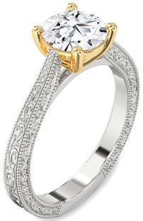 Diamond Silver & 10K gold Round Vintage Engagement Ring