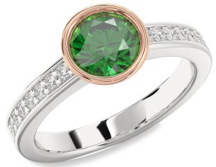 Diamond Emerald Silver & 10K Rose Gold Round Solitaire Pave Engagement Ring