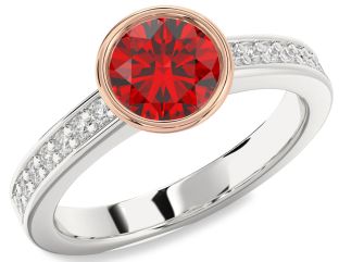 Diamond Ruby Silver & 10K Rose Gold Round Solitaire Pave Engagement Ring