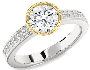 Diamond Silver & 10K gold Round Solitaire Pave Engagement Ring