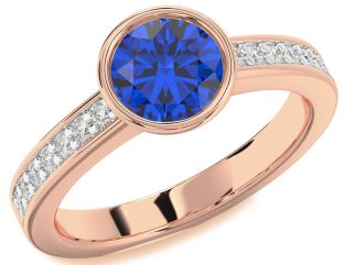 Diamond Blue Sapphire Rose Gold Round Solitaire Pave Engagement Ring