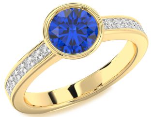 Diamond Blue Sapphire Gold Round Solitaire Pave Engagement Ring