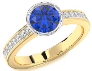 Diamond Blue Sapphire Gold Silver Round Solitaire Pave Engagement Ring