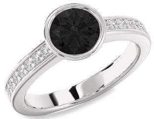 Black Diamond Silver Round Solitaire Pave Engagement Ring