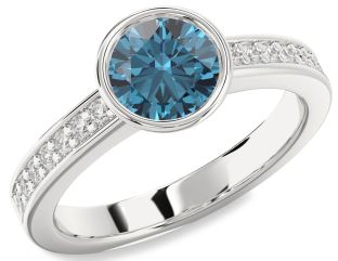 Blue Diamond Silver Round Solitaire Pave Engagement Ring