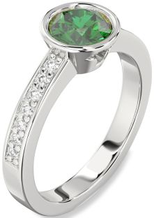 Diamond Emerald Platinum Round Solitaire Pave Engagement Ring