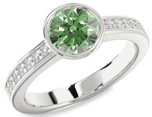 Green Diamond Silver Round Solitaire Pave Engagement Ring