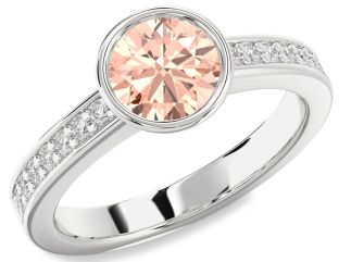 Diamond Morganite Silver Round Solitaire Pave Engagement Ring