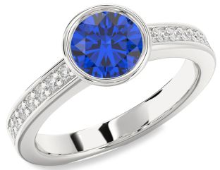 Diamond Blue Sapphire Platinum Round Solitaire Pave Engagement Ring
