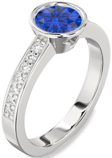 Diamond Blue Sapphire Silver Round Solitaire Pave Engagement Ring