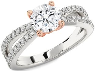 Diamond Silver & 10K Rose Gold Round Solitaire Pave Engagement Ring